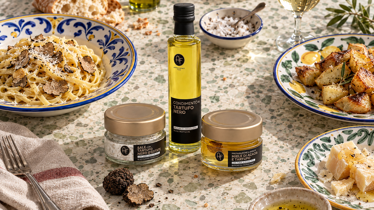 Appennino Black Truffle Olive Oil, Black Truffle Salt, and Truffle Honey beside colorful Italian plates of pasta, potatoes, and cheese.