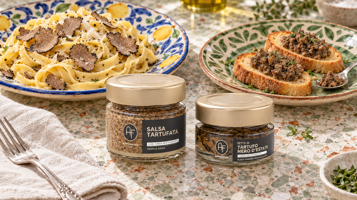 Appennino Truffle Sauce and Black Summer Truffle Slices jars beside truffle tagliatelle and crostini on colorful Italian plates.