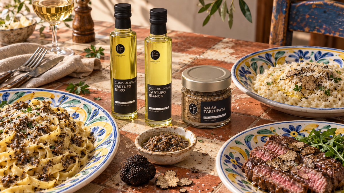 Appennino Truffle Sauce and black and white truffle olive oils beside pasta, risotto, and steak on colorful Italian plates.